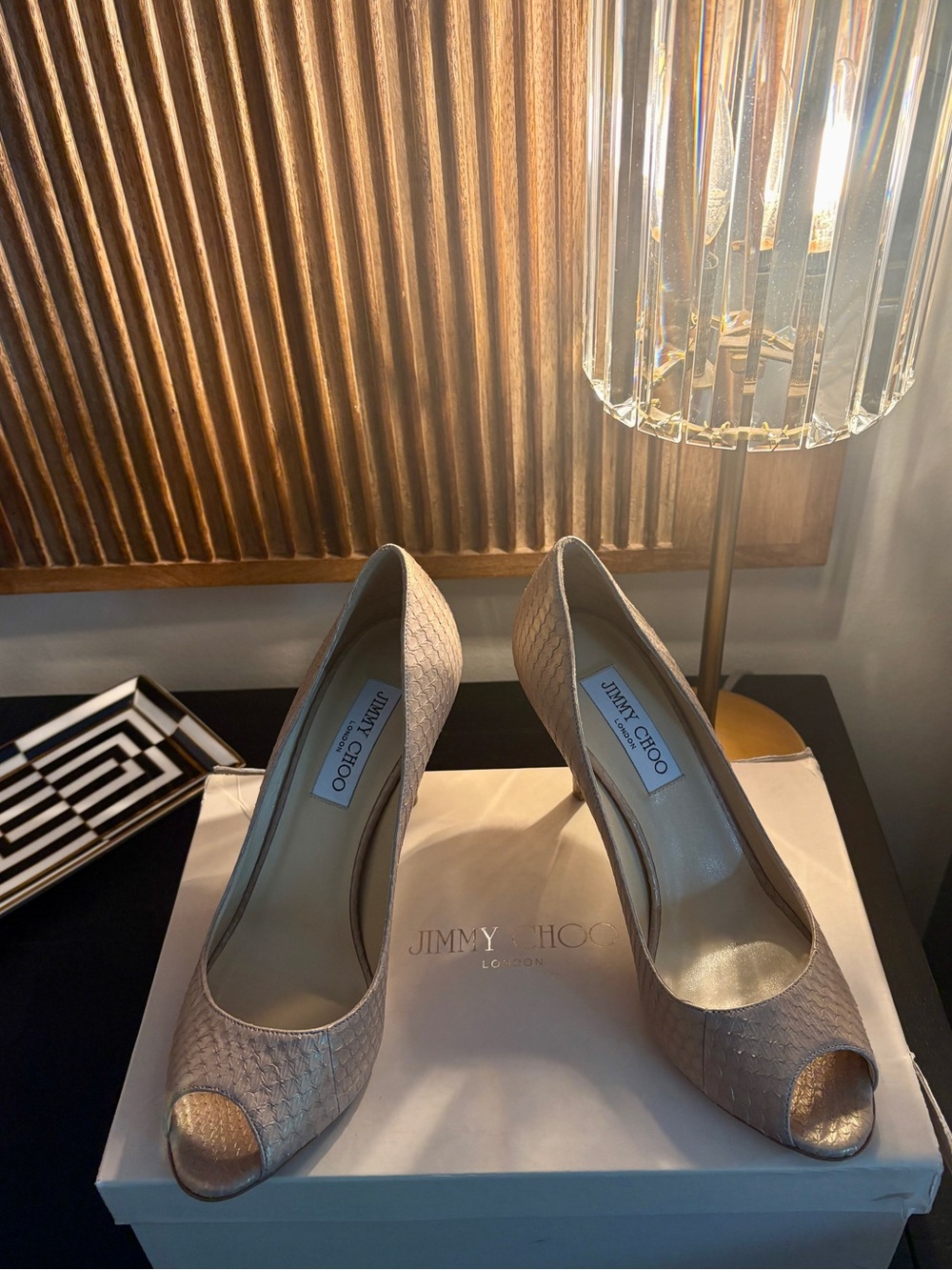 Jimmy Choo Nude Pearlized Snake Textured Peep-Toe Pumps